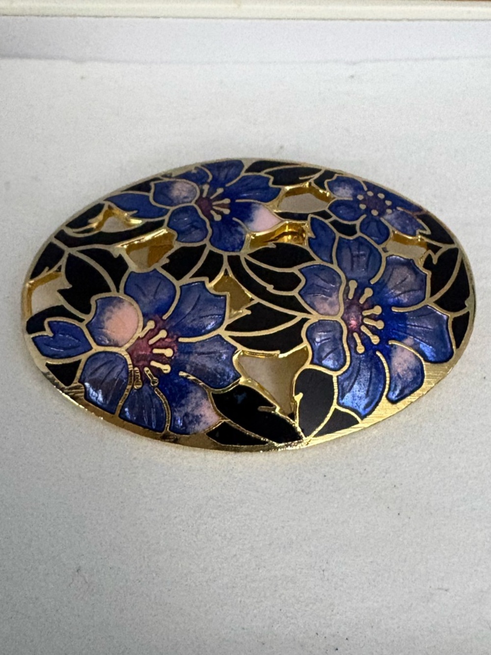 Vintage Blue, Black & Peach Floral Cloisonné Enamel Brooch